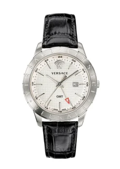 Versace Univers Herrenuhr Schwarz Leder Silber Edelstahl GMT 43mm VEBK00918