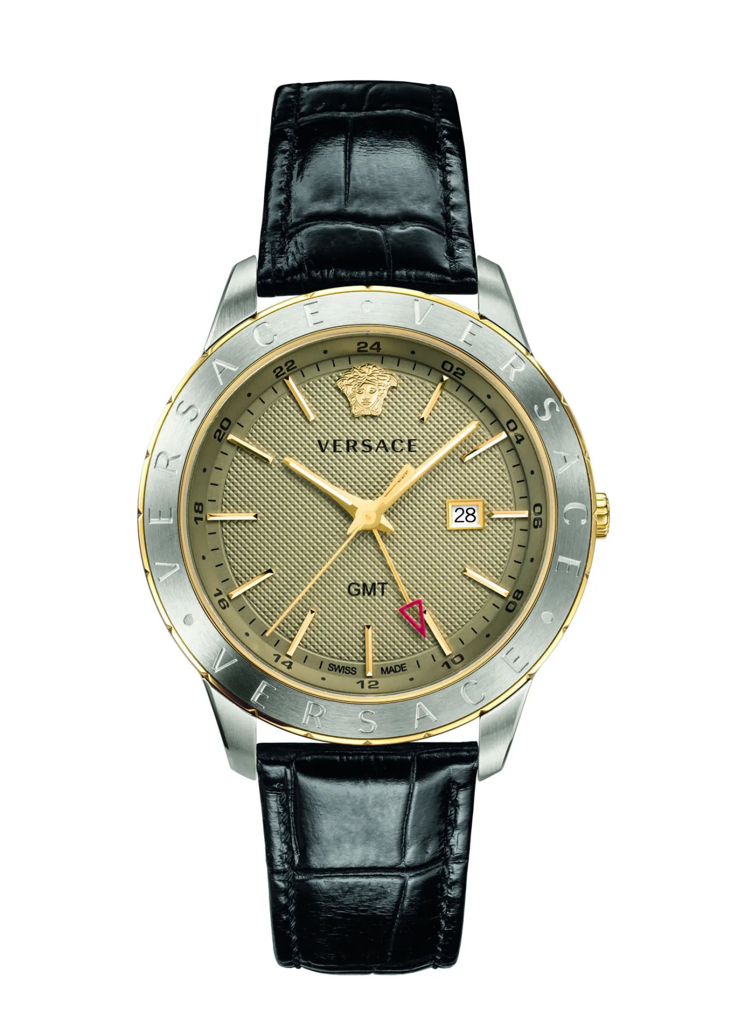 Versace Univers Herrenuhr Schwarzes Leder Gold Silber Stahl GMT 43mm VEBK00218