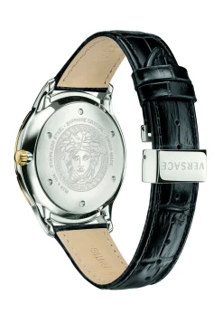 Versace Univers Herrenuhr Schwarzes Leder Gold Silber Stahl GMT 43mm VEBK00218