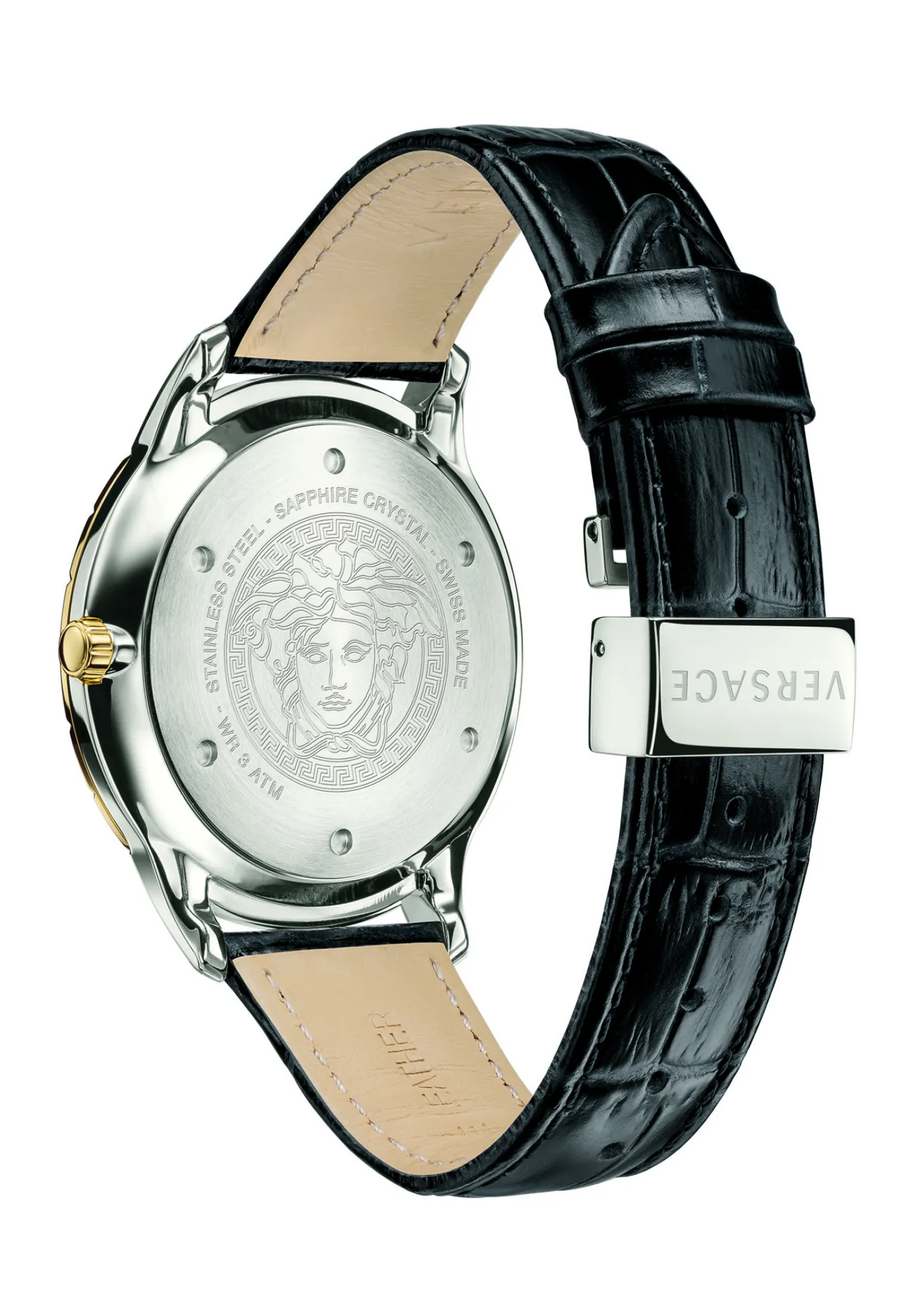 Versace Univers Herrenuhr Schwarzes Leder Gold Silber Stahl GMT 43mm VEBK00218