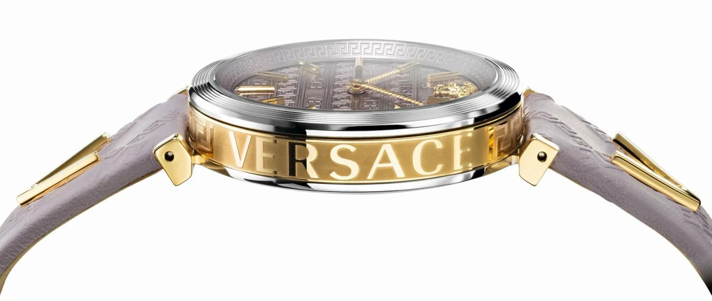 Versace V-Twist Damenuhr Hellrosa Leder Silber Gold Stahl 36mm VELS00219